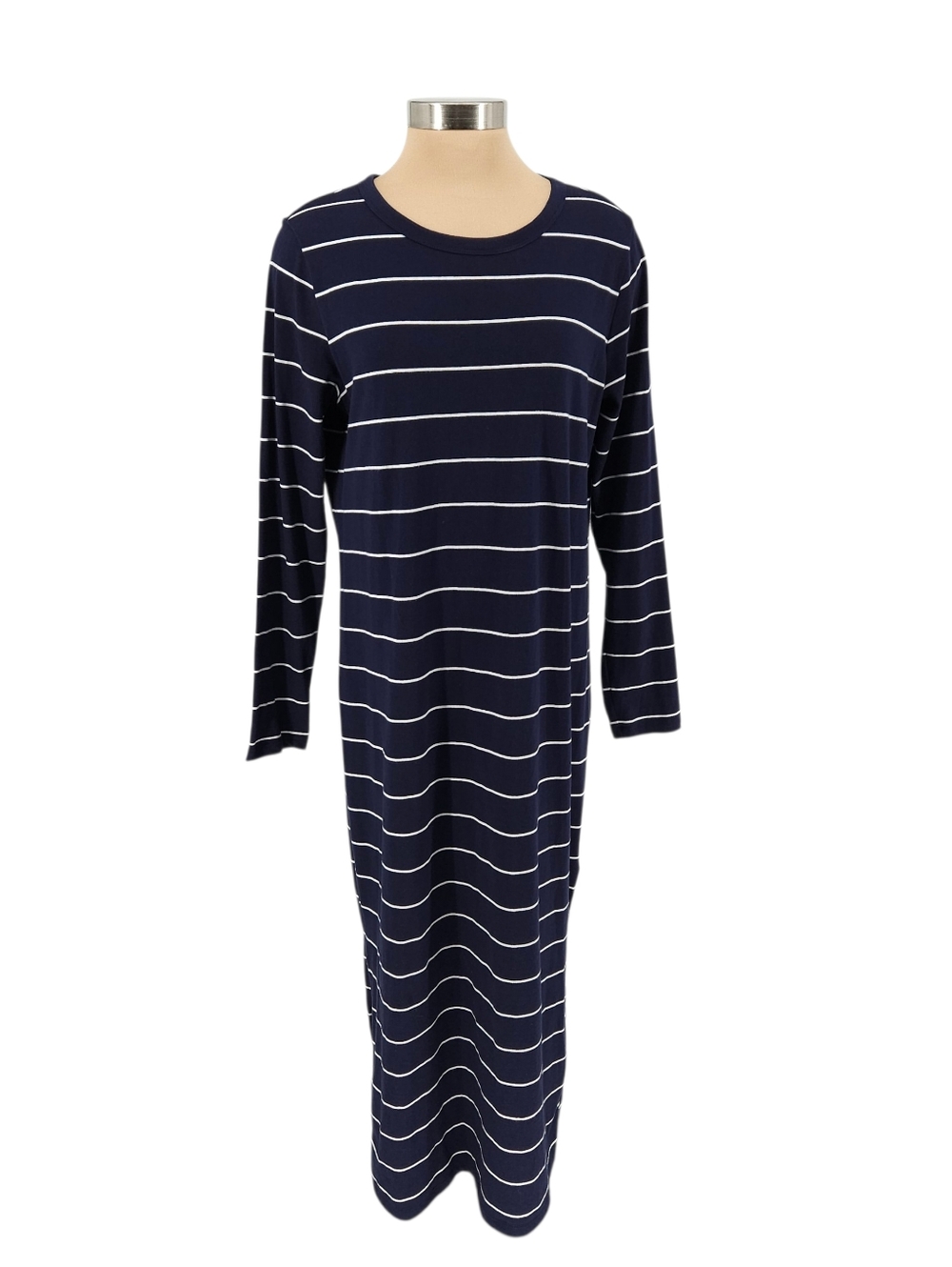 GAP Modest Midi Shirt Dress Navy Blue Stripe Long Sleeve Pullover Knit Large